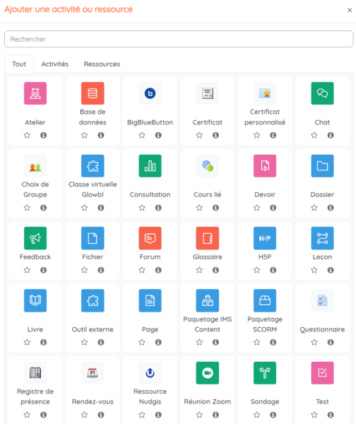 selecteur activites ressources moodle lms
