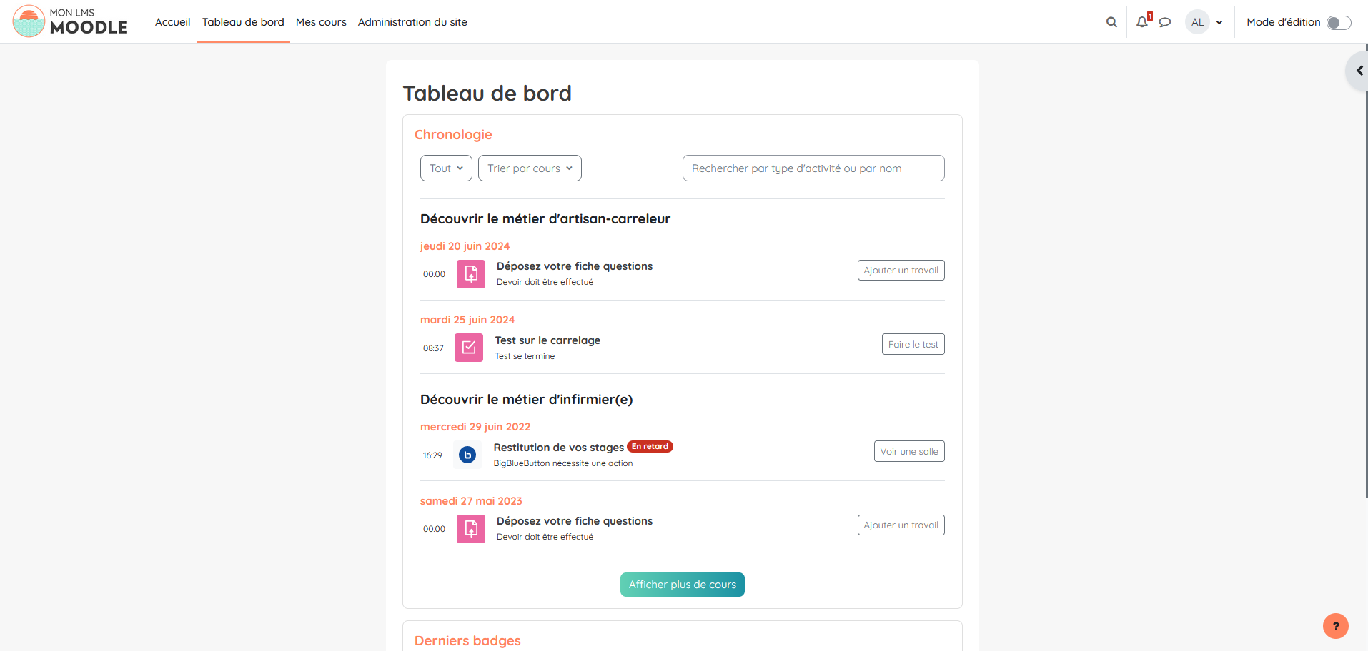 tableau de bord lms moodle